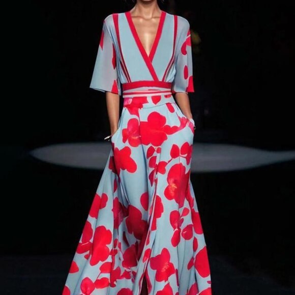 Short Sleeve Blue and Red Floral Maxi Dress - Picture 1 of 6